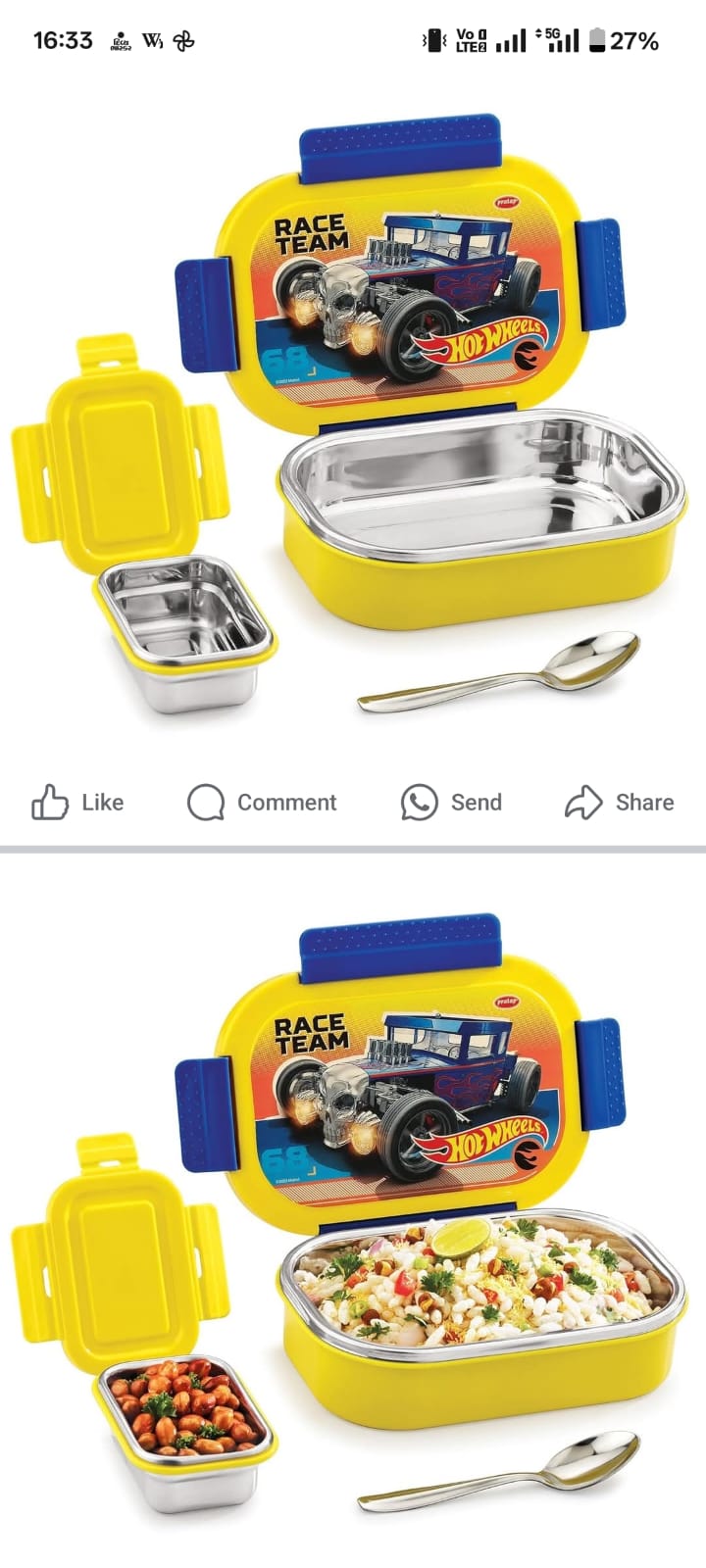 Children's lunchbox set with compartments and a toy car design on the lid.